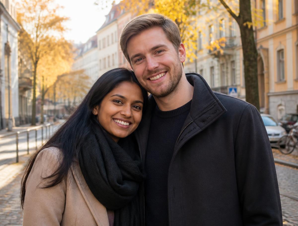 The two of us, an Indian woman and her German husband, smiling together outdoors in Germany